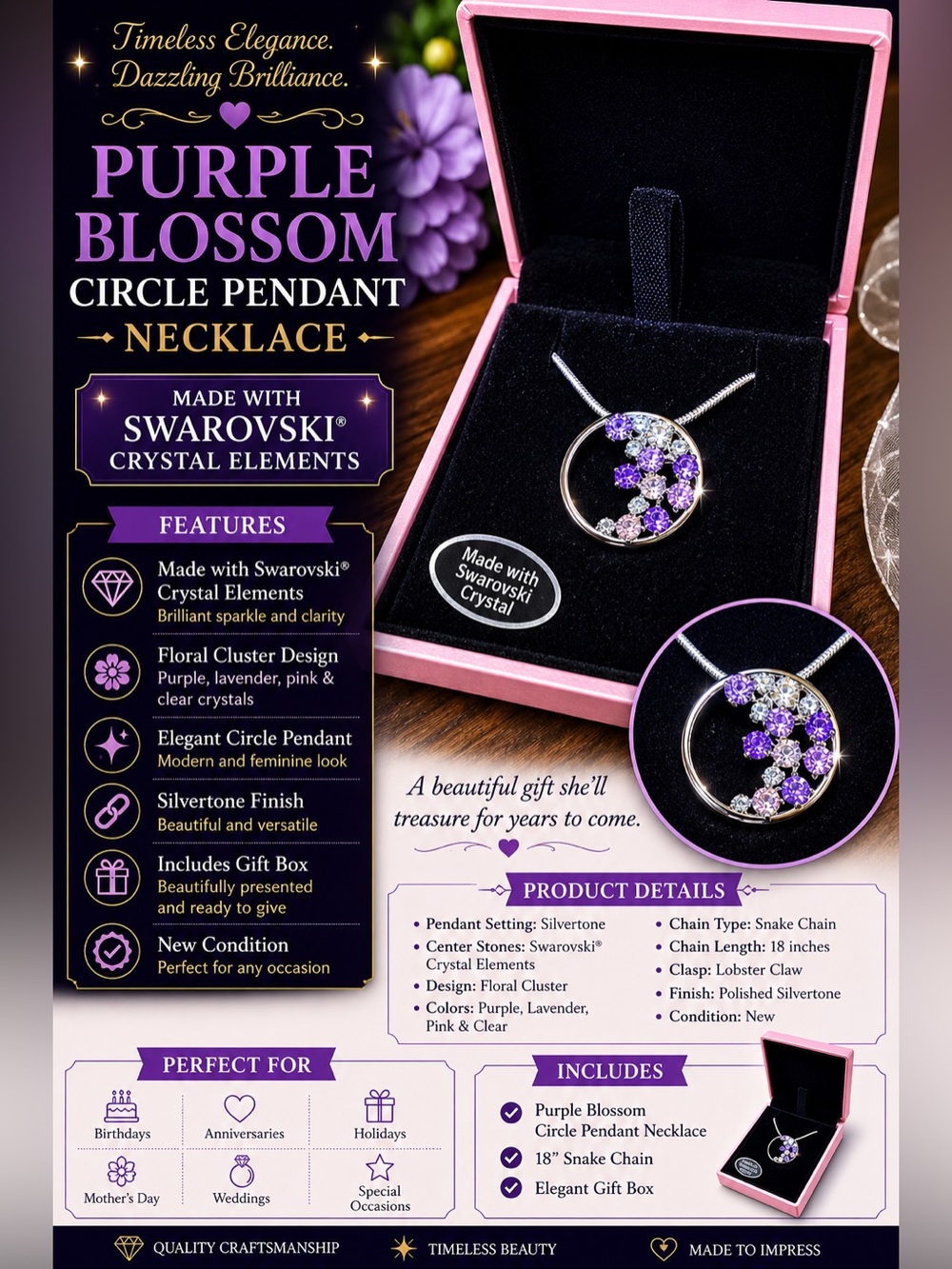 Purple Blossom Circle Pendant Necklace - Made with Swarovski Crystals - Picture 1 of 1